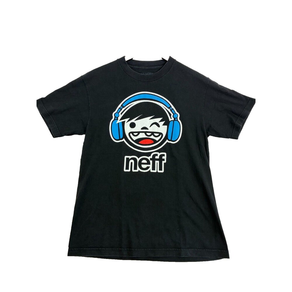 Neff T Shirt Mens Medium Black Headphones Face Logo Graphic Skate Streetwear Tee